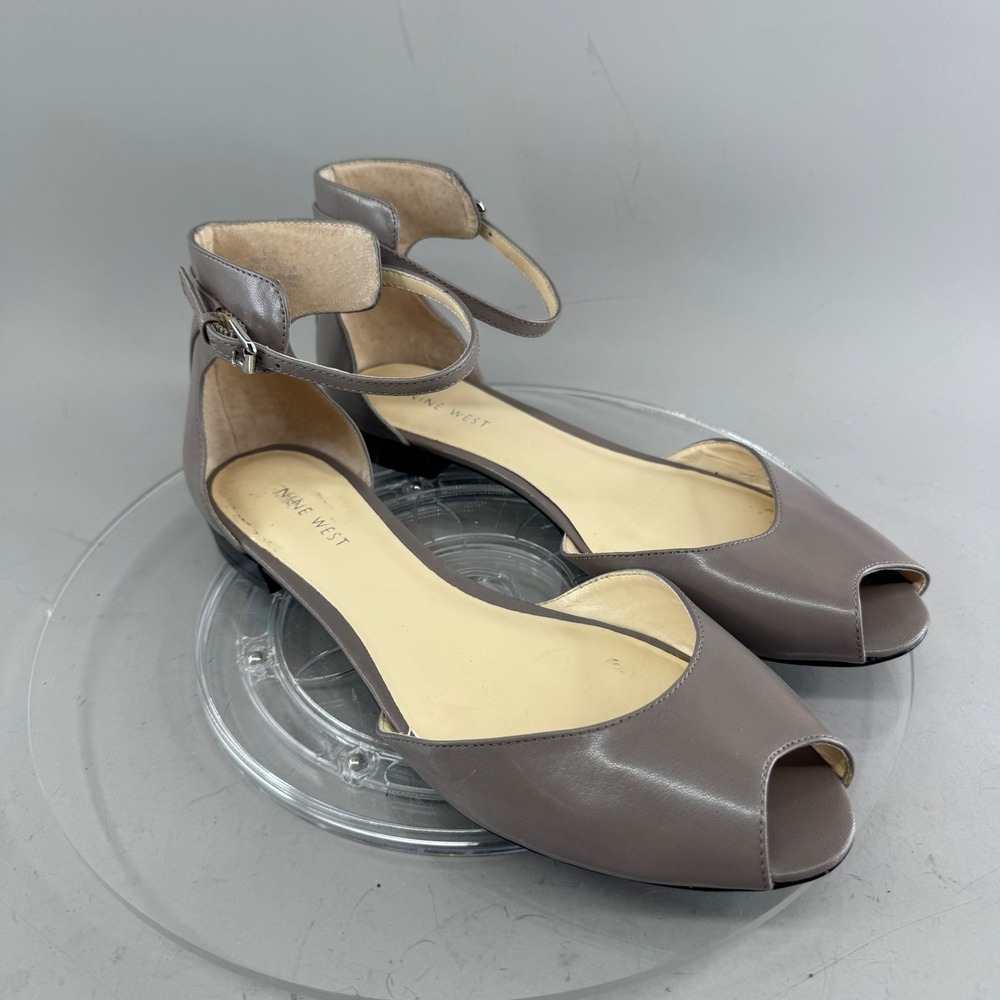 Nine West Womens Peep Toe d'Orsay Leather Ankle Strap Flats Taupe Grey Size 9.5M
